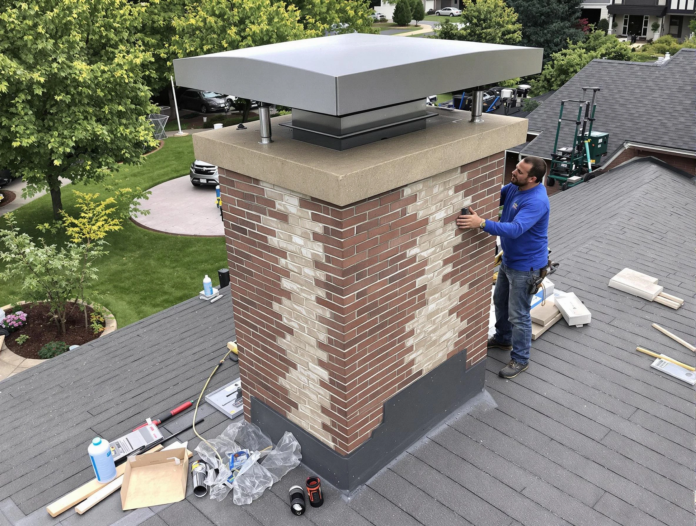 Hanceville Chimney Sweep team working on a custom chimney remodel in Hanceville, AL